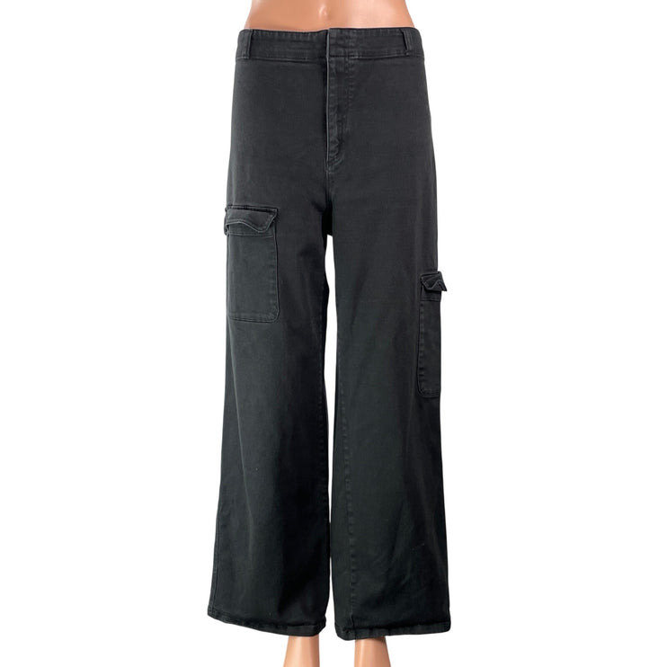 Quince Women's Black High Rise Wide Leg Baggy Utility Cargo Denim Jeans Size 14