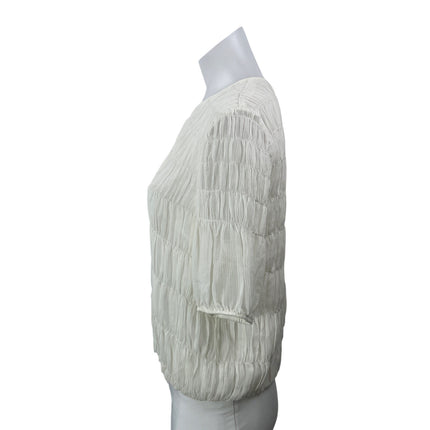 AYR Women's White Short Balloon Sleeves Silk Crinkle Smocked Blouse Top Size M