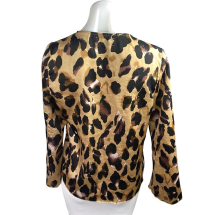 Never Fully Dressed Brown Black Satin Cheetah Print Long Sleeve Tie Blouse Top M