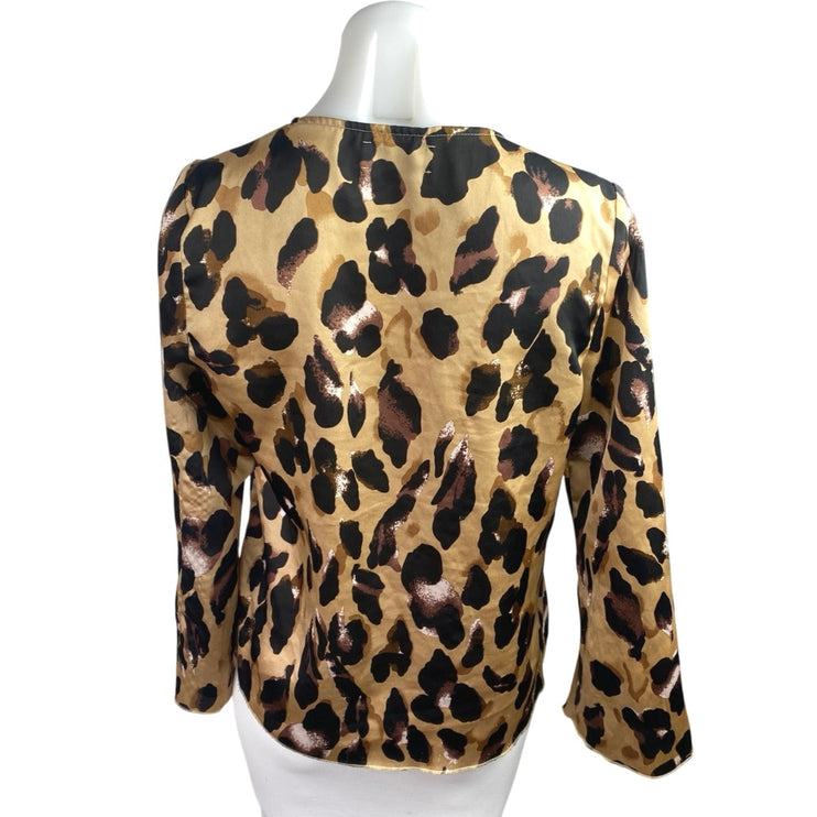 Never Fully Dressed Brown Black Satin Cheetah Print Long Sleeve Tie Blouse Top M