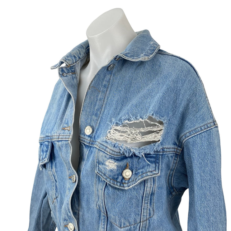 Topshop Women's Blue Distressed Long Sleeve Button Down Denim Jean Jacket Size 2