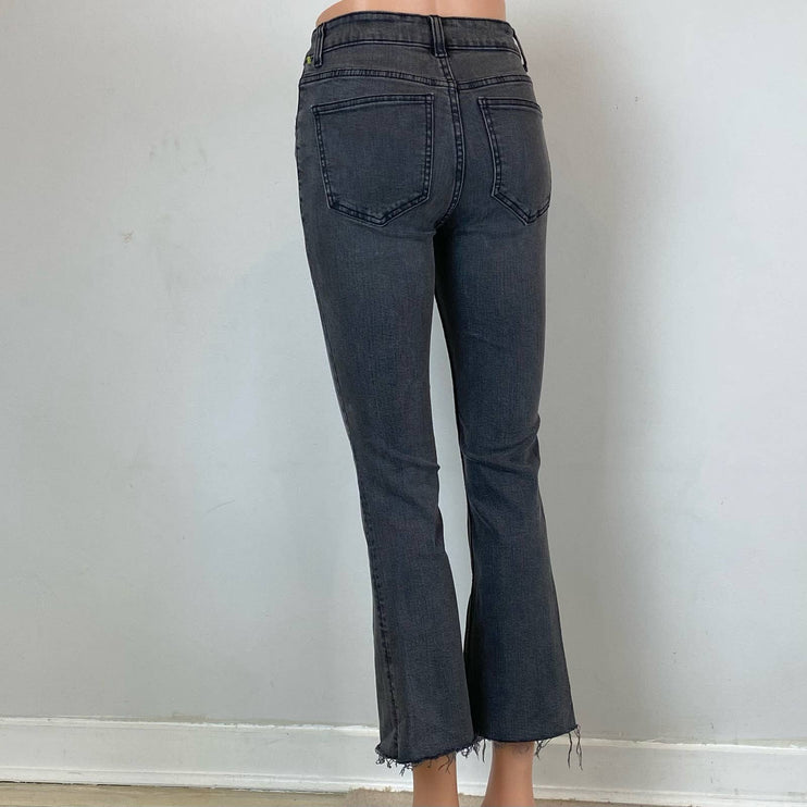 Zara Womens Denim Jeans - High Rise Slim Straight Flare Bottoms - Stretch - Gray Wash- Raw Hem - Size 2