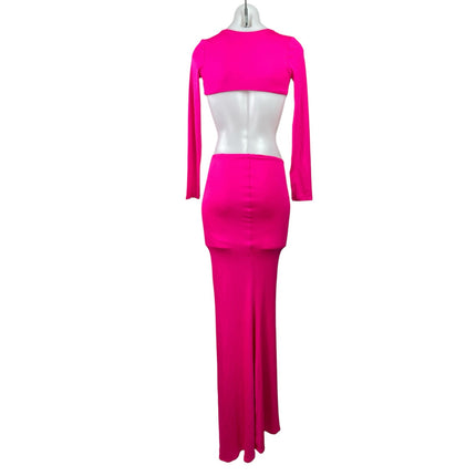 Polly Womens Pink Long Sleeve Tie Front Crop Top & Ruched Slit Maxi Skirt Size 2