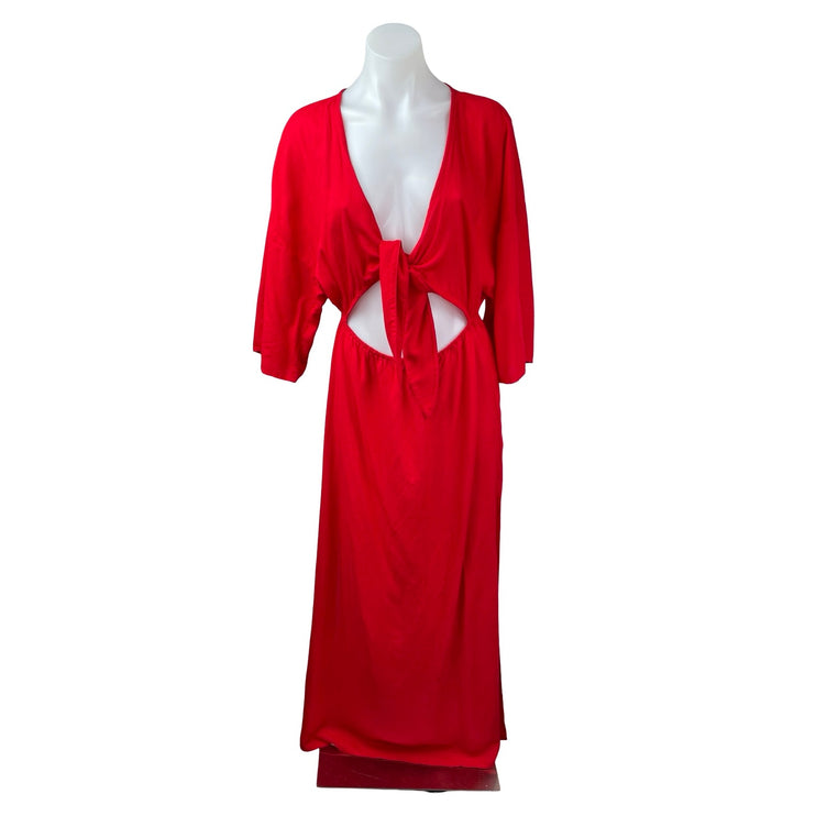 By Anthropologie Red Long Sleeve Wrap Tie Cutout V Neck A Line Maxi Dress Sz XS