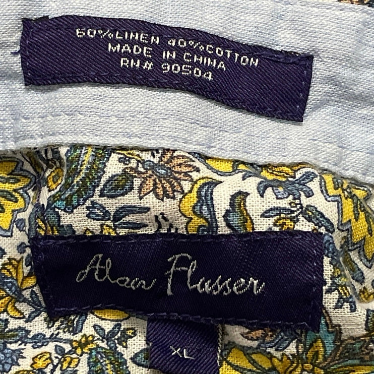 Alan Flusser Mens Yellow Floral Short Sleeve Linen Button Down Shirt Top Size XL