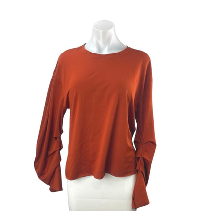 Zara Women's Orange Brown Ruched Long Sleeve Crew Neck Tee T-Shirt Blouse Top M
