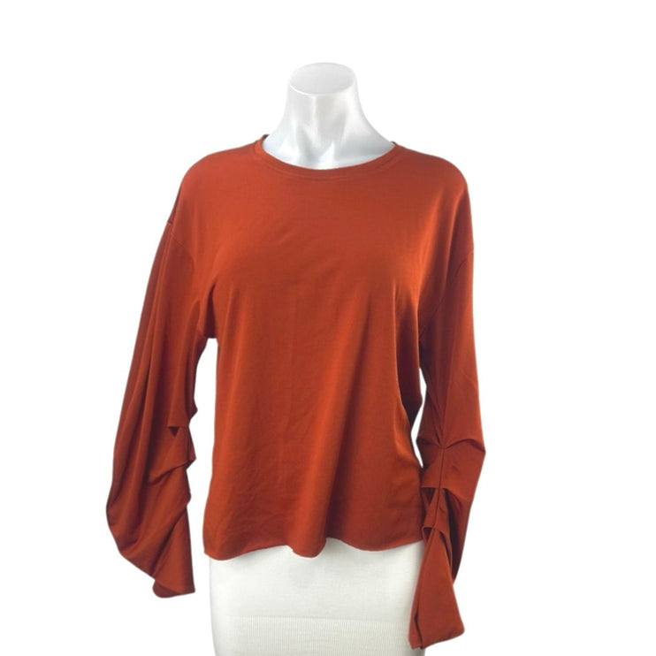 Zara Women's Orange Brown Ruched Long Sleeve Crew Neck Tee T-Shirt Blouse Top M