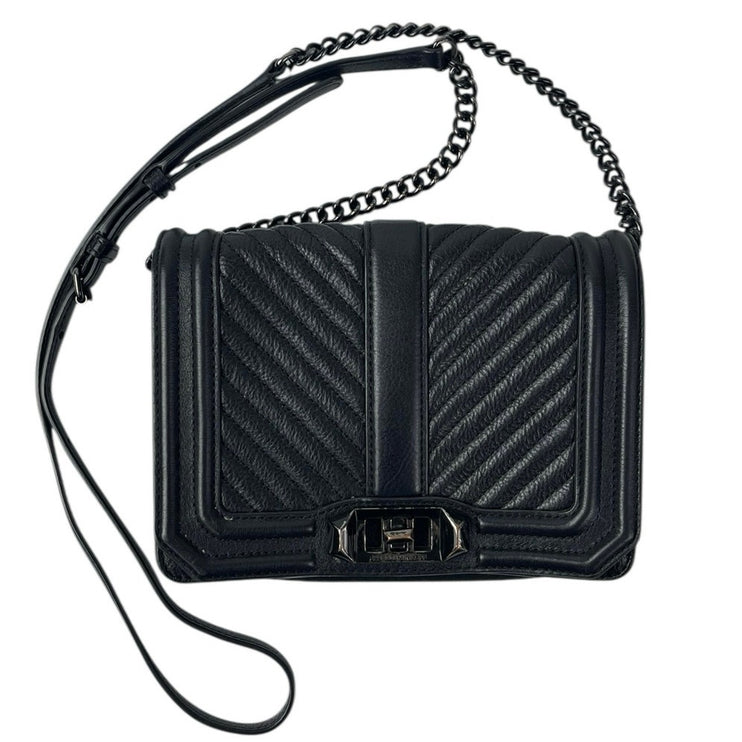 Rebecca Minkoff Chevron Quilted Black 100% Leather Chain Crossbody Purse Bag OS
