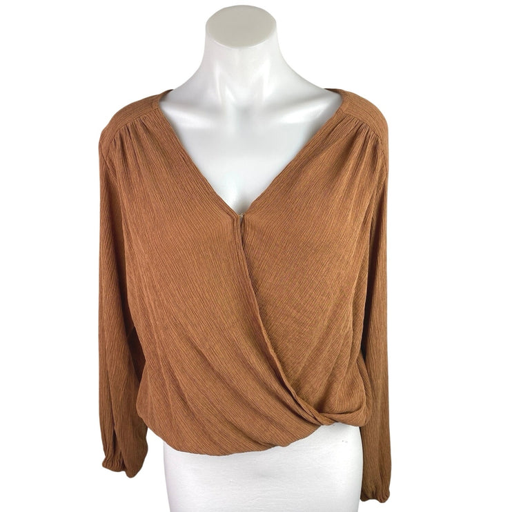 Free People Check On It Brown Faux Wrap V-neck Long Sleeve Blouse Top Size S