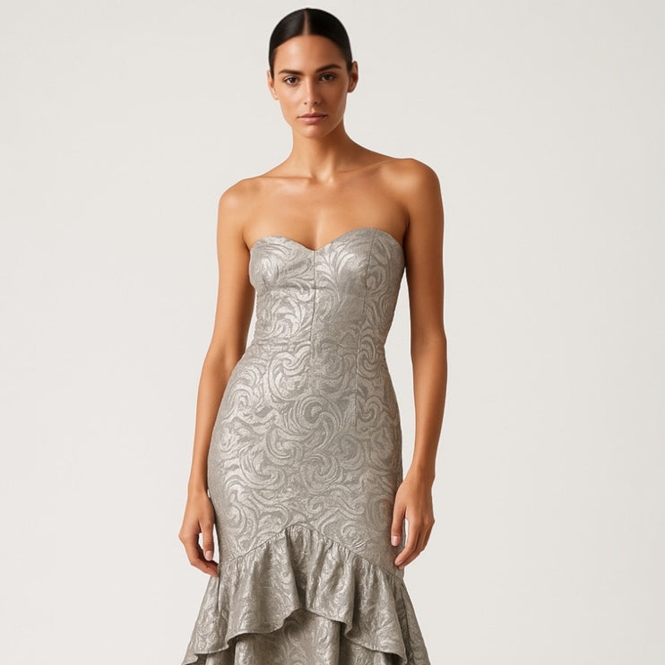 TD4 By Eletra Silver Metallic Strapless Ruffle Wedding Bridesmaid Gown Dress OS
