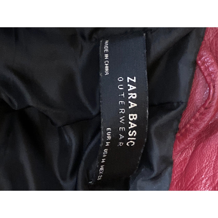 Zara Womens Red Faux Leather Vegan Long Sleeve Full Zip Moto Biker Jacket Size M