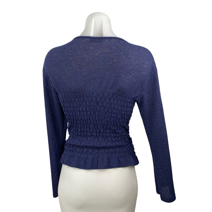 Princess Polly Women's Navy Blue Ribbed Knit Smocked Long Sleeve Sweater Top 2