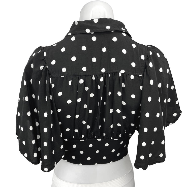 Anthropologie Black Polka Dots Button Collar Tie Waist Crop Top Blouse Size 0