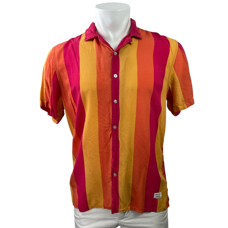 Duvin Men Coral Red Striped Colorblock Short Sleeve Button Down Shirt Top Size M