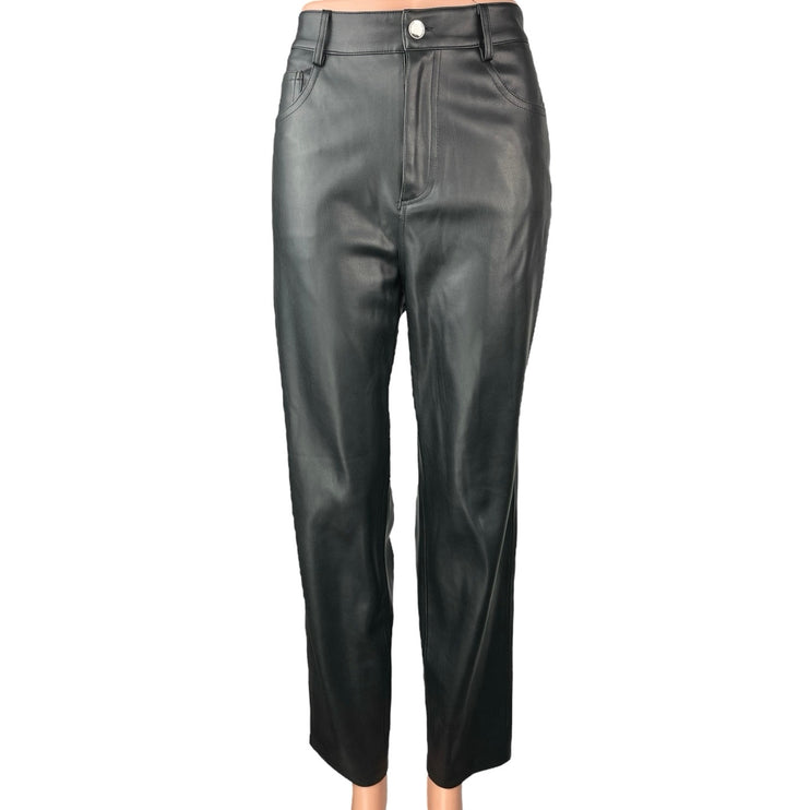 Zara Women's Black Faux Vegan Leather High Waist Straight Ankle Trousers Pants 6