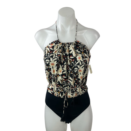 NEW Free People Intimately Liza Black Floral Halter Sleeveless Bodysuit Top Sz S