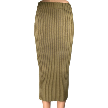 Emory Park Green Wool Rib Knit Slit Stretch Midi Straight Pencil Bodycon Skirt S