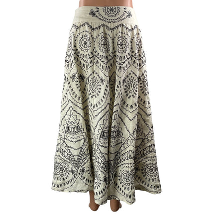 Autograph White Black Linen Floral Scarf Print Boho A Line Midi Skirt Size 10