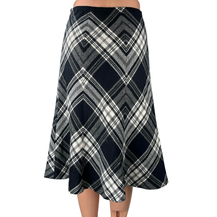 Ann Taylor Black White Plaid Checkered Zipper Midi Knee Length A-Line Skirt Sz 8