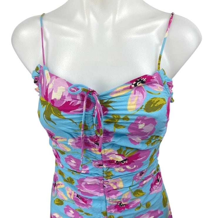 Zara Blue Pink Floral Sleeveless Ruched Cami Camisole Tank Mini Bodycon Dress XS