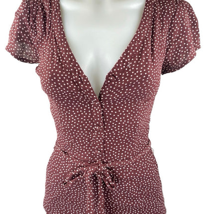 Abercrombie & Fitch Maroon Brown Polka Dots Short Sleeve V Neck Jumpsuit Sz XXS