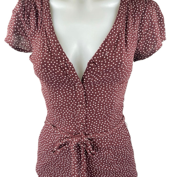 Abercrombie & Fitch Maroon Brown Polka Dots Short Sleeve V Neck Jumpsuit Sz XXS