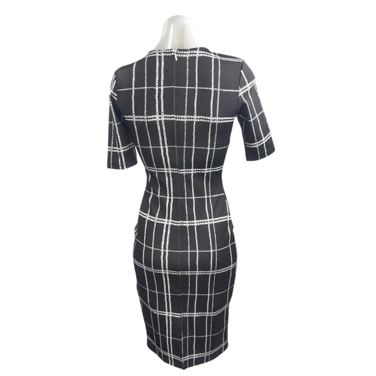 MDS Women's Black Plaid Check Short Sleeve Midi Sheath Pencil Bodycon Dress Sz S