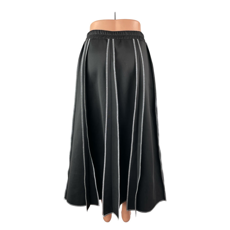 Women's Black Panelled Elastic Waist High Rise Pleated Midi Flare A-Line Skirt M