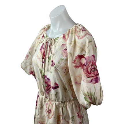 NEW H&M Cream Pink Floral Half Puff Sleeve Tie Fit & Flare Mini Dress Size S