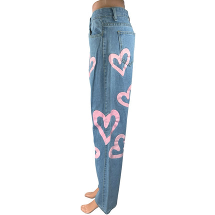 Colorful Natalie Blue Pink Hearts High Waisted Baggy Wide Leg Denim Jeans Size L
