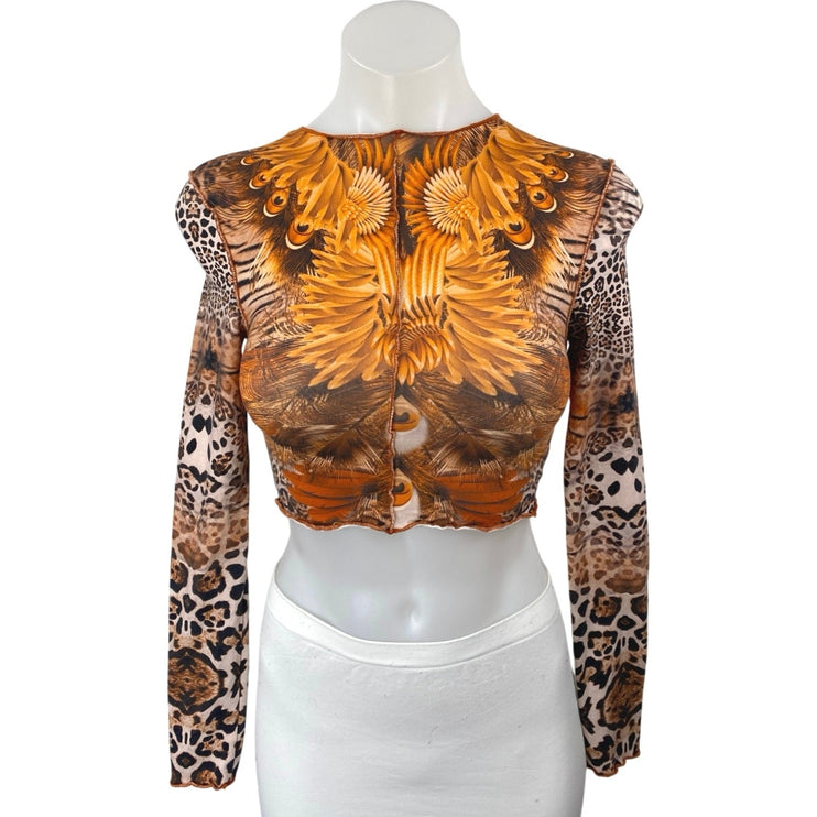 Tiger Mist Multicolor Cheetah Leopard Animal Print Long Sleeve Crop Top Size XS