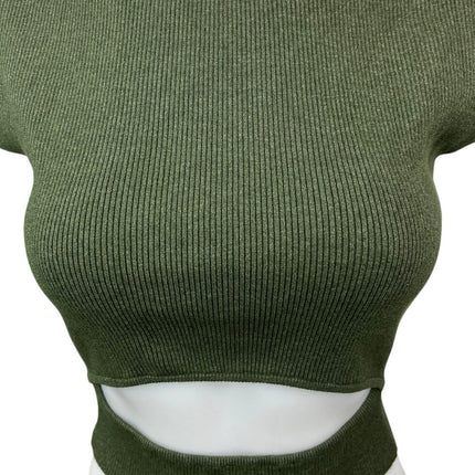 Aritzia Wilfred Olive Green Ribbed Knit Cutout Cap Sleeve Cropped Sweater Top M