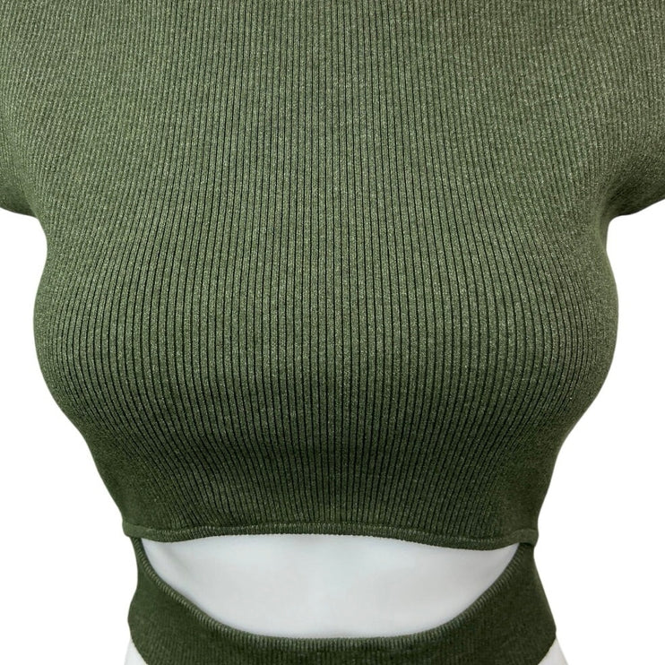 Aritzia Wilfred Olive Green Ribbed Knit Cutout Cap Sleeve Cropped Sweater Top M