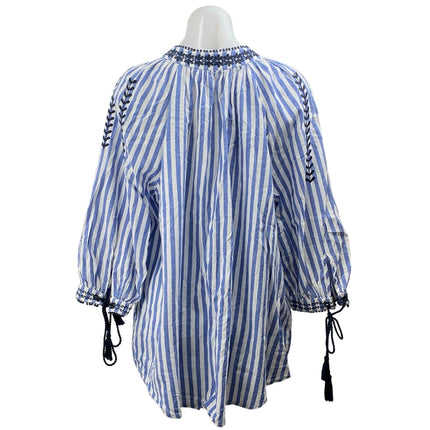 Zara Blue White Striped Embroidered Tie Neck Tassels Long Sleeve Blouse Top Sz M
