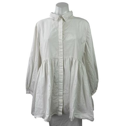 QED London White Long Balloon Sleeves Button Front Smocked Mini Shirt Dress 12