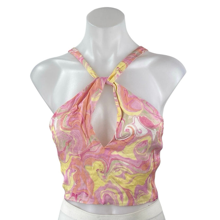 Zara Pink Yellow Silk Satin Marble Tie Dye Open Tie Back Brami Tank Crop Top L