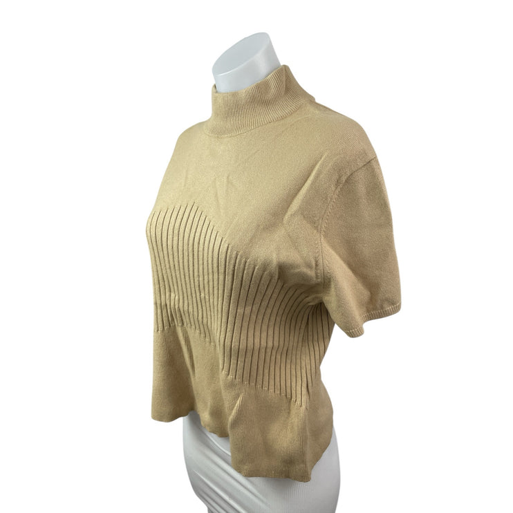 Rena Rowan Beige Silk Short Sleeve Mock Neck Ribbed Knit Sweater Top Size XL