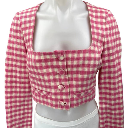 ZARA Women's Pink White Checkered Plaid Long Sleeve Button Shirt Crop Top Size M