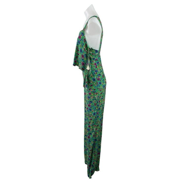 Sezane Penelope Green Floral Sleeveless Ruffle Straight Wide Leg Jumpsuit Size 2