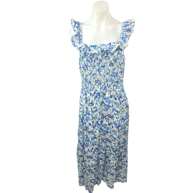 NEW Gap Blue Floral Ruffle Smocked Sleeveless A Lined Midi Dress Size XXL