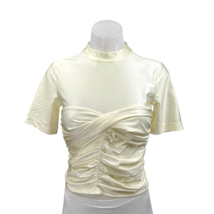 Alexander Wang Ivory White Satin Ruched Mock Neck Short Sleeve Blouse Top Size S