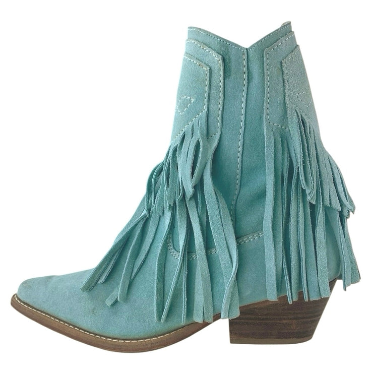 Free People Lawless Fringe Blue Suede Pointed Toe Zip Western Boots Booties Sz 6