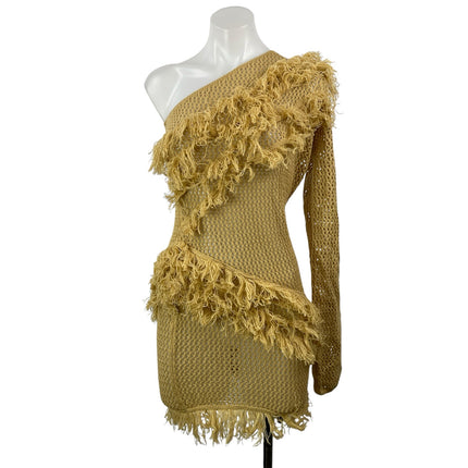 NEW Micas Tan One Shoulder Fringe Open Knit Ruffle Crochet Mini Bodycon Dress L