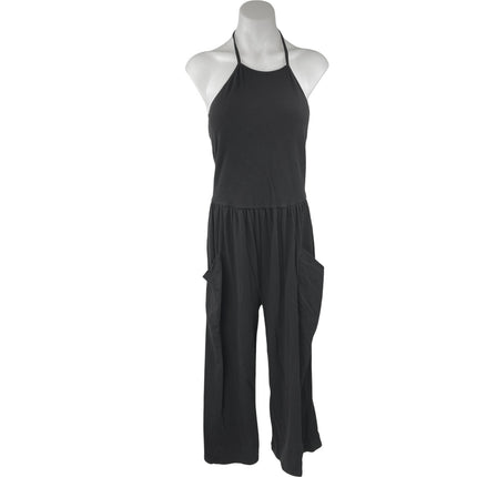 Oak + Fort Women's Black Sleeveless Halter Wide Leg Pockets Romper Jumpsuit Sz L