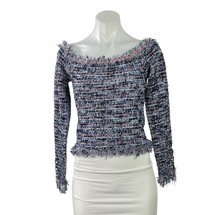 NEW Zara Multicolor Tweed Off The Shoulder Fringe Frayed Long Sleeve Crop Top S