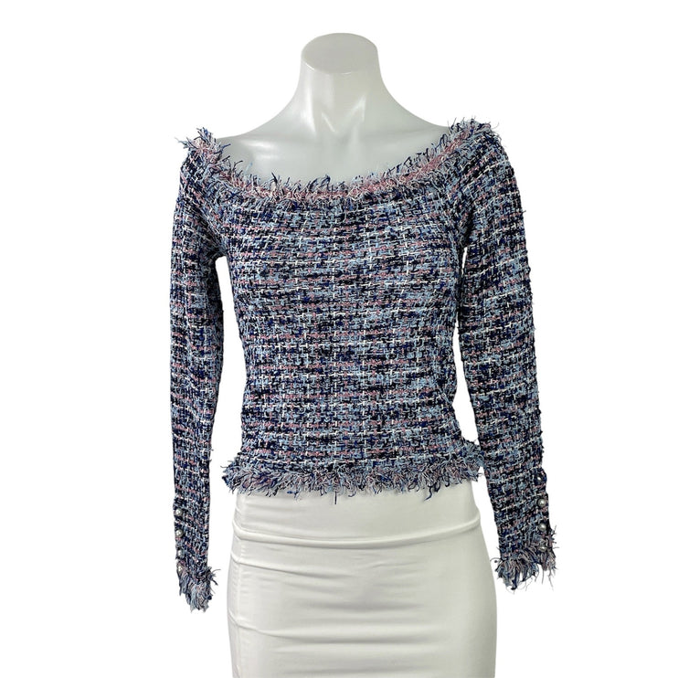 NEW Zara Multicolor Tweed Off The Shoulder Fringe Frayed Long Sleeve Crop Top S