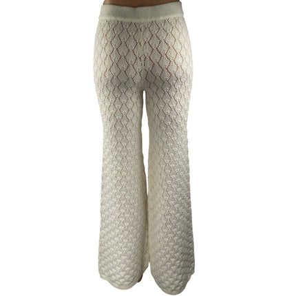 White Open Knit Semi Sheer High Waisted Flare Bootcut Beach Cover Up Pants XS/S