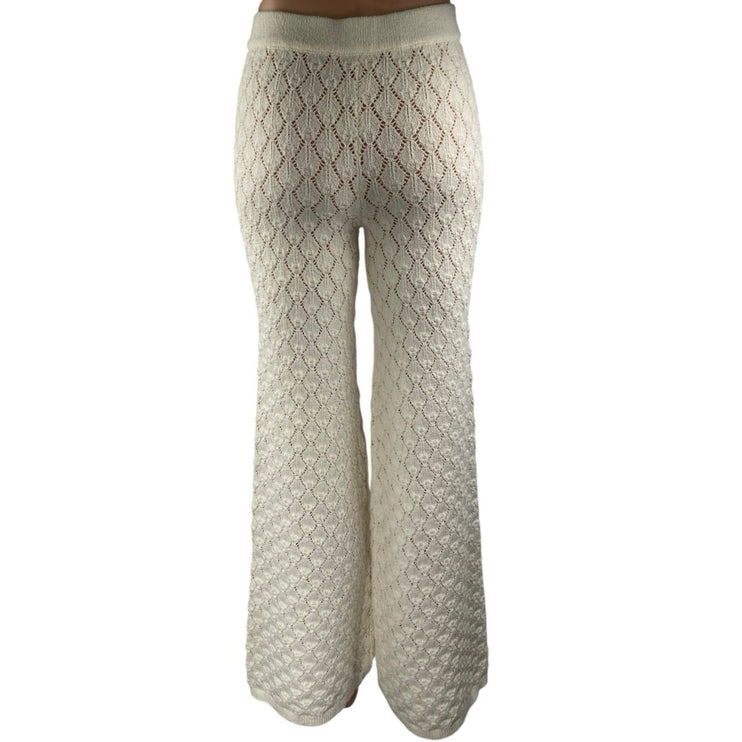 White Open Knit Semi Sheer High Waisted Flare Bootcut Beach Cover Up Pants XS/S