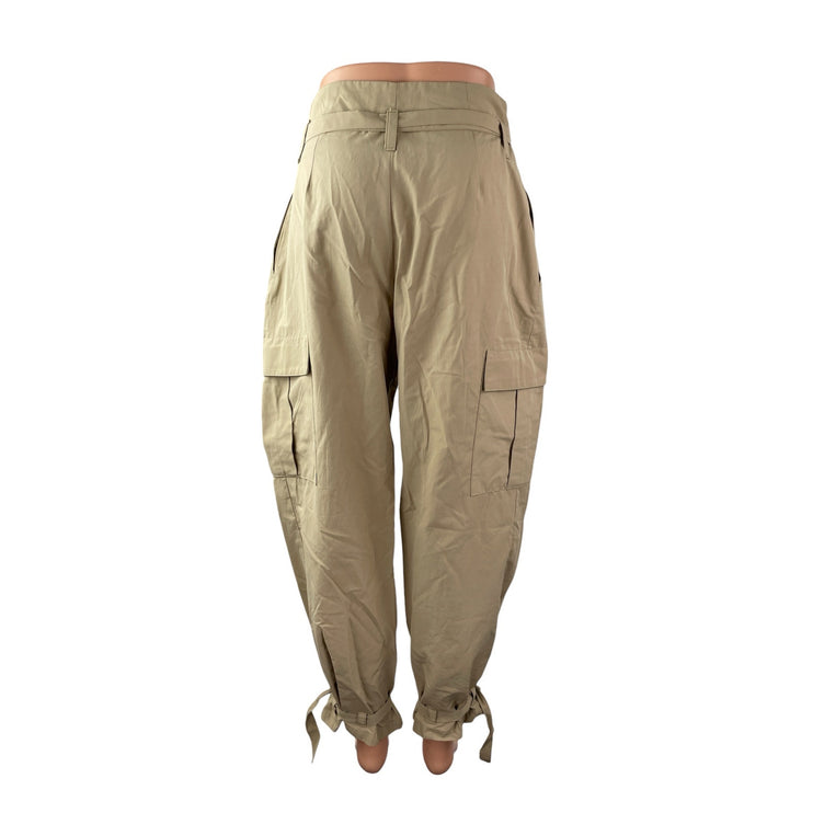 Zara Women's Beige High Rise Pleated Belted Baggy Tapered Trousers Cargo Pants S