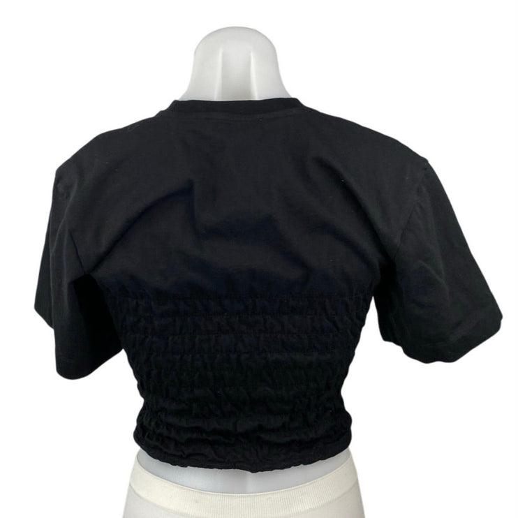 Frame Women's Black Smocked Crewneck Short Sleeve Crop Tee T-shirt Top Size S